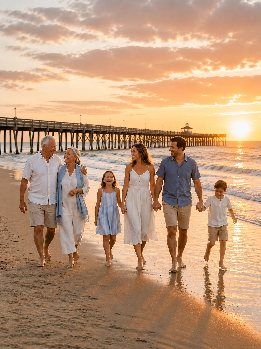 Multi-generational family with grandparents, parents, and children enjoying a sunset on the South Carolina coast