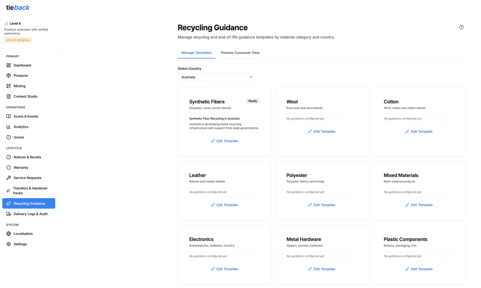 Recycling Guidance module showing material category templates