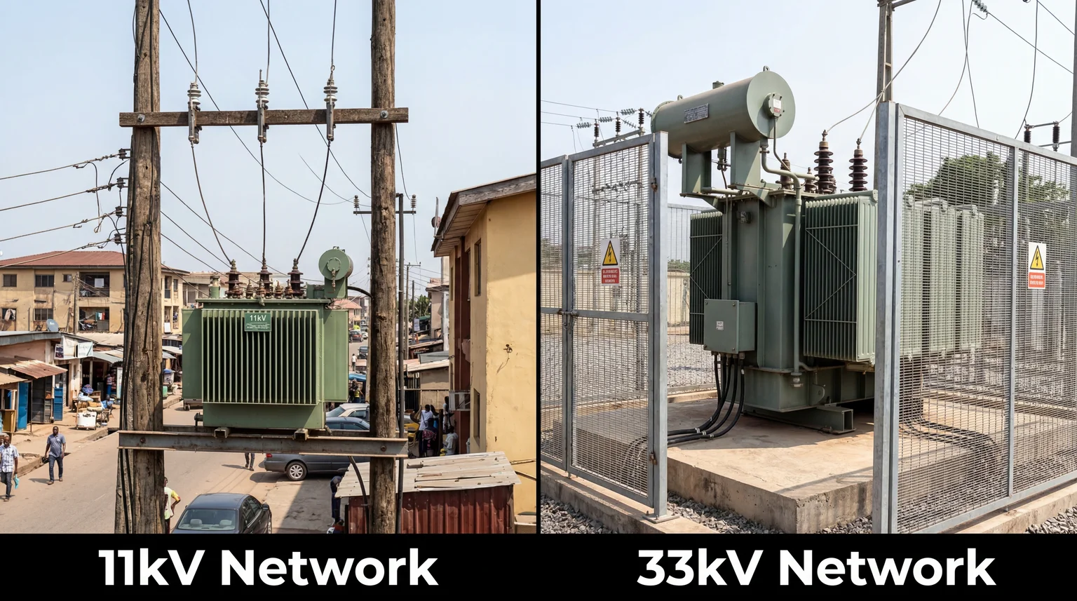 Side by side comparison of 11kV pole-mounted transformer and 33kV ground-mounted transformer in Nigeria
