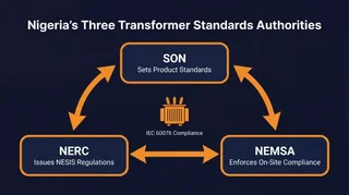 Diagram showing the relationship between SON NERC and NEMSA in enforcing IEC 60076 transformer standards compliance in Nigeria