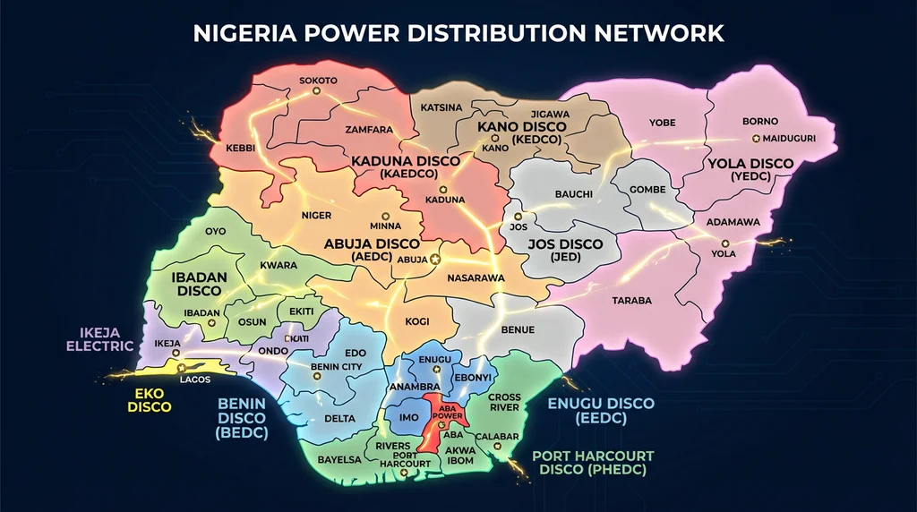 Nigeria Power Distribution Network map showing all 12  DisCo franchise areas including AEDC, EKEDC, Ikeja Electric,  IBEDC, BEDC, EEDC, JED, KAEDCO, KEDCO, PHEDC, YEDC and Aba Power