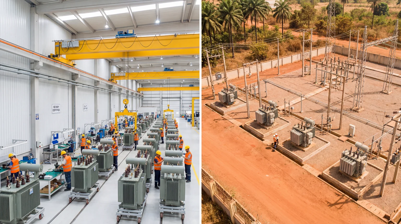 Split-screen comparison of a Turkish transformer manufacturing facility and a Nigerian distribution substation — Chinese vs Turkish transformer Nigeria 2026