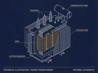 Technical cutaway diagram of an oil-filled power transformer showing internal windings, core, bushings and cooling system used in Nigeria's transmission grid
