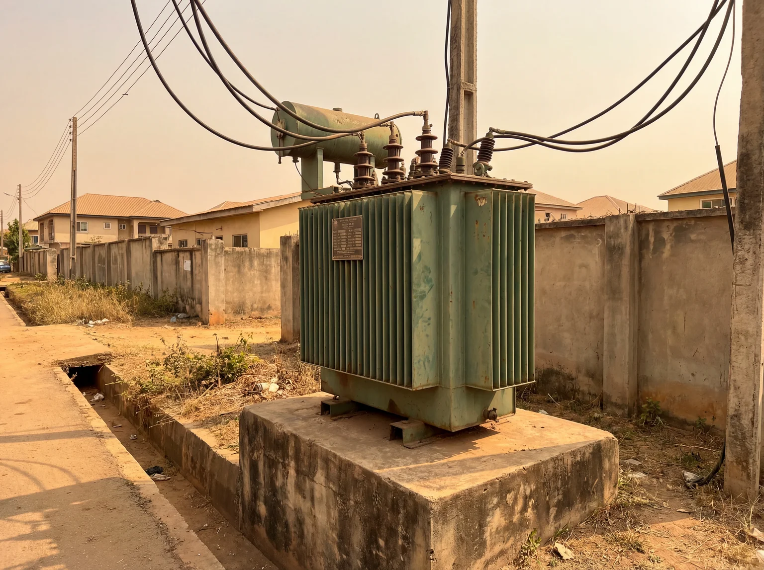 Oil-immersed distribution transformer installed in a Nigerian residential estate showing nameplate location on the side of the tank