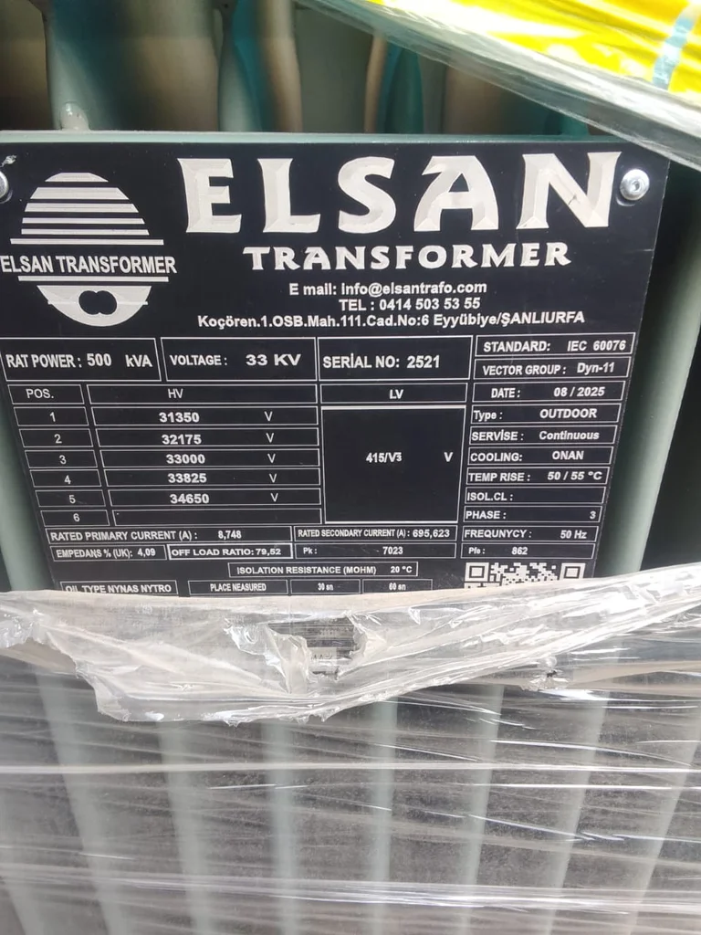 Elsan Transformer nameplate — 500 KVA, 33kV, IEC 60076 certified, Dyn11, ONAN, manufactured 2025