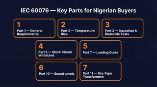 Infographic showing the seven key parts of the IEC 60076 power transformer standard most relevant to Nigerian buyers including temperature rise insulation and short-circuit withstand
