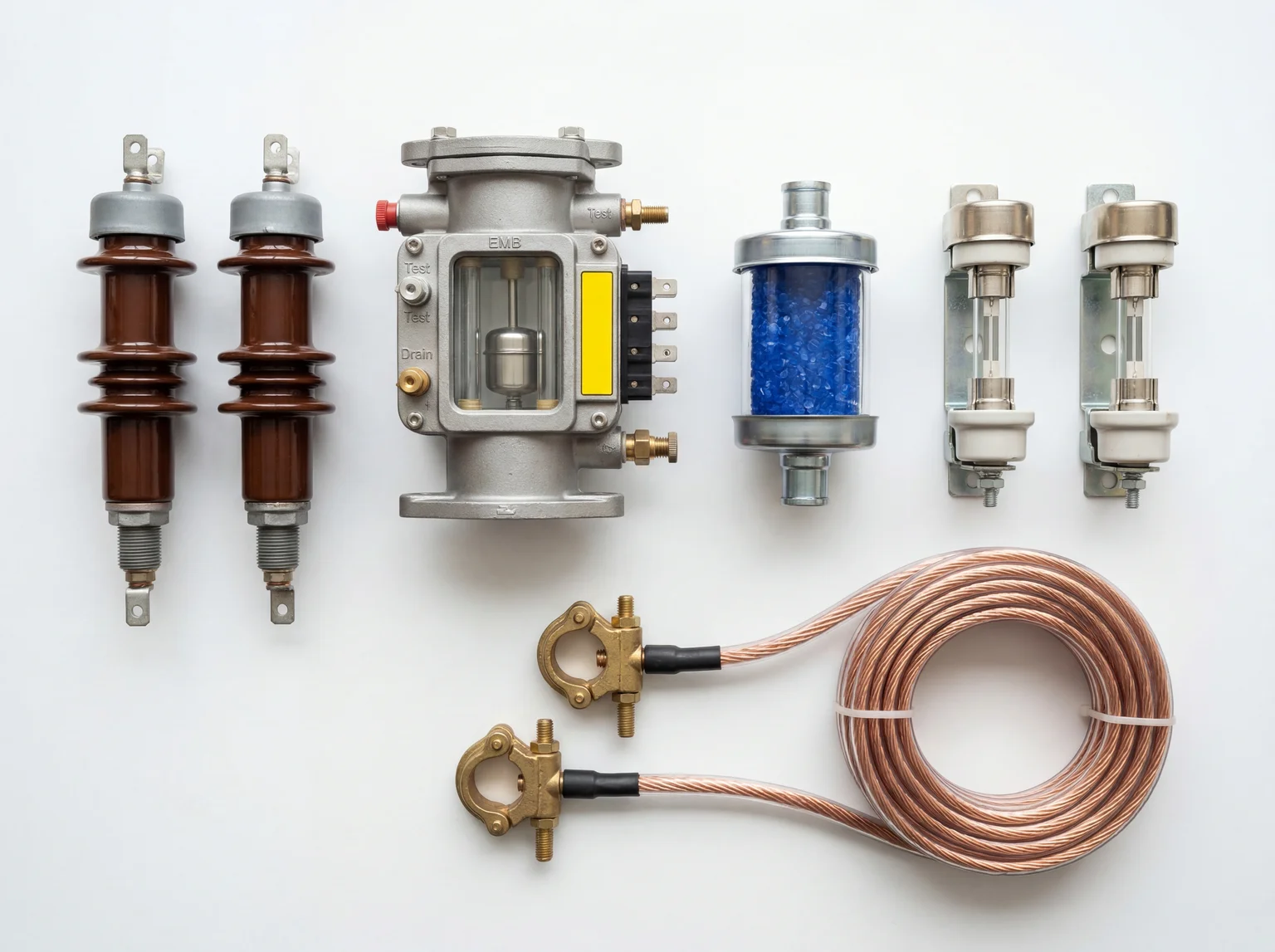 100 KVA transformer accessories including Buchholz relay, HV bushings, silica gel breather and HRC fuse cut-outs