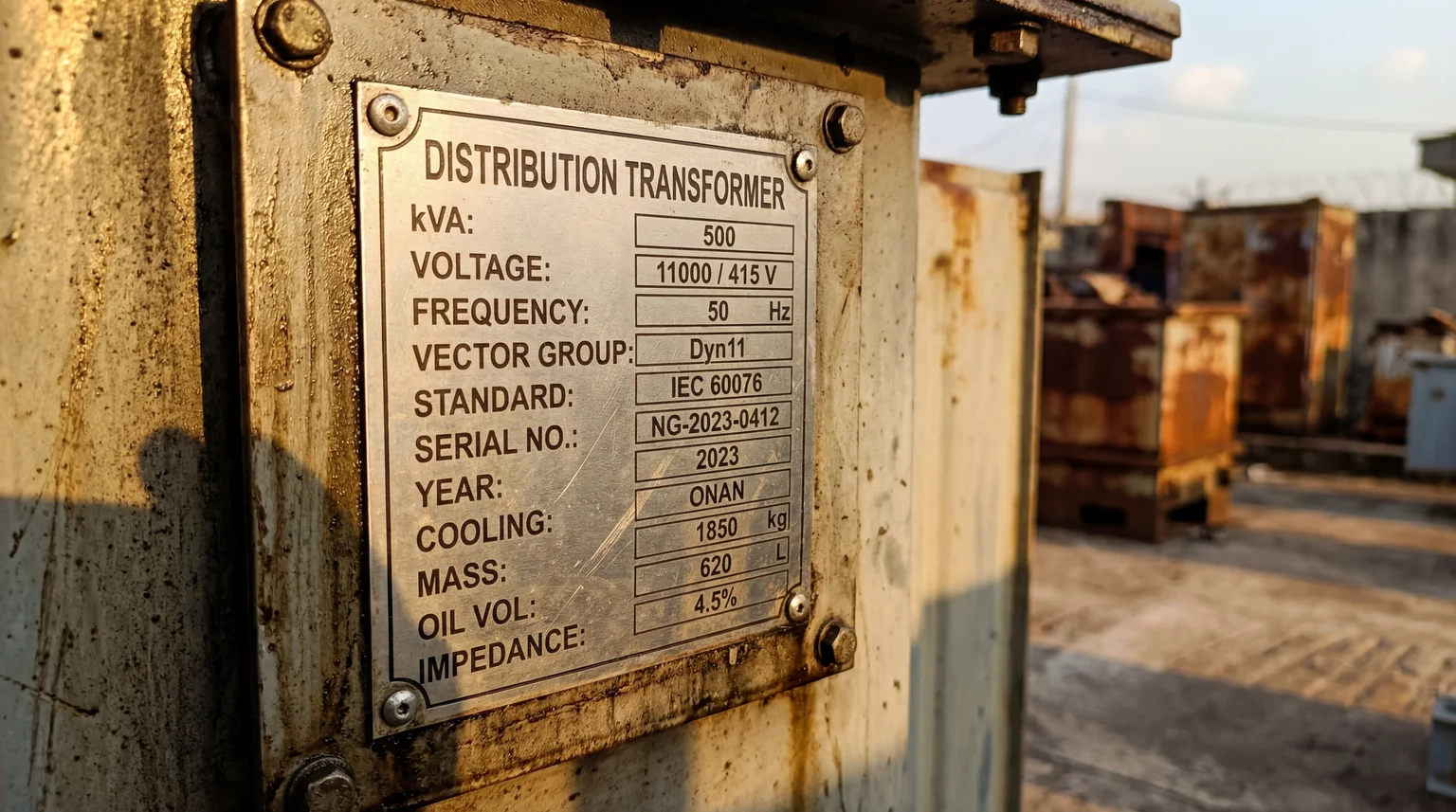 Annotated diagram of a transformer nameplate showing all key fields including kVA rating, voltage, Dyn11 vector group, ONAN cooling class and IEC 60076 standard