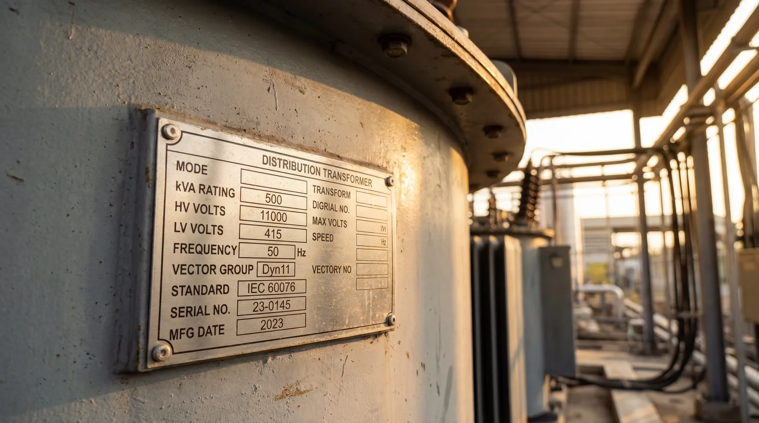 Close-up of a transformer nameplate showing kVA rating, voltage and vector group fields on an oil-immersed distribution transformer in Nigeria