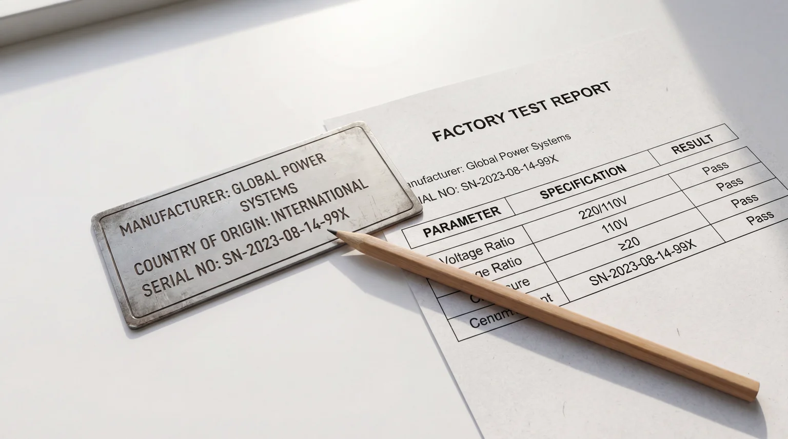 Top-down flat lay of a transformer factory test certificate and metal nameplate side by side on a desk with a pencil pointing to matching serial number fields
