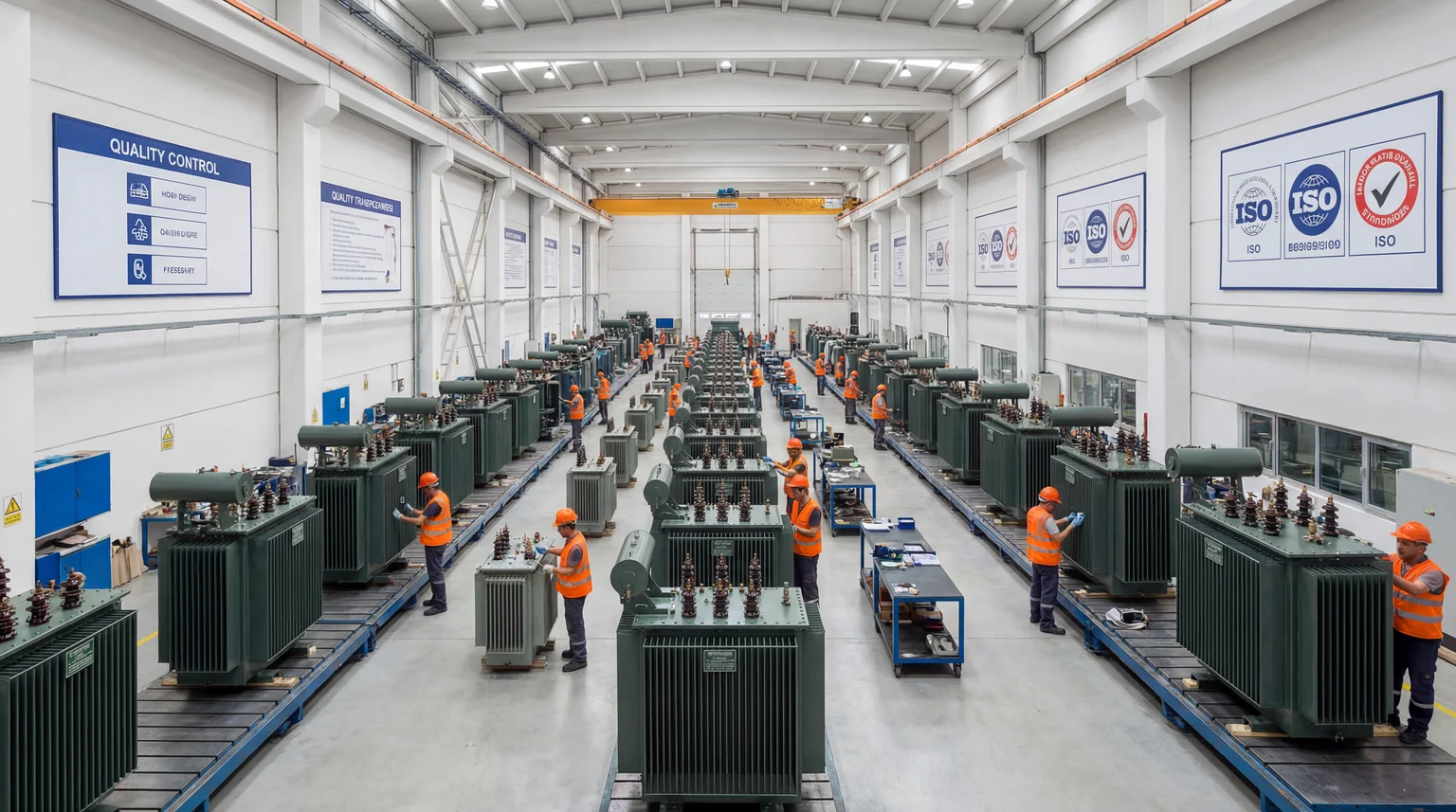 Interior of a Turkish transformer manufacturing facility showing IEC 60076-compliant distribution transformer assembly line