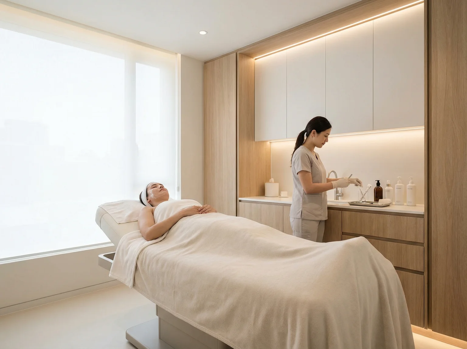 Aesthetic clinic treatment room prepared for skincare or cosmetic procedure
