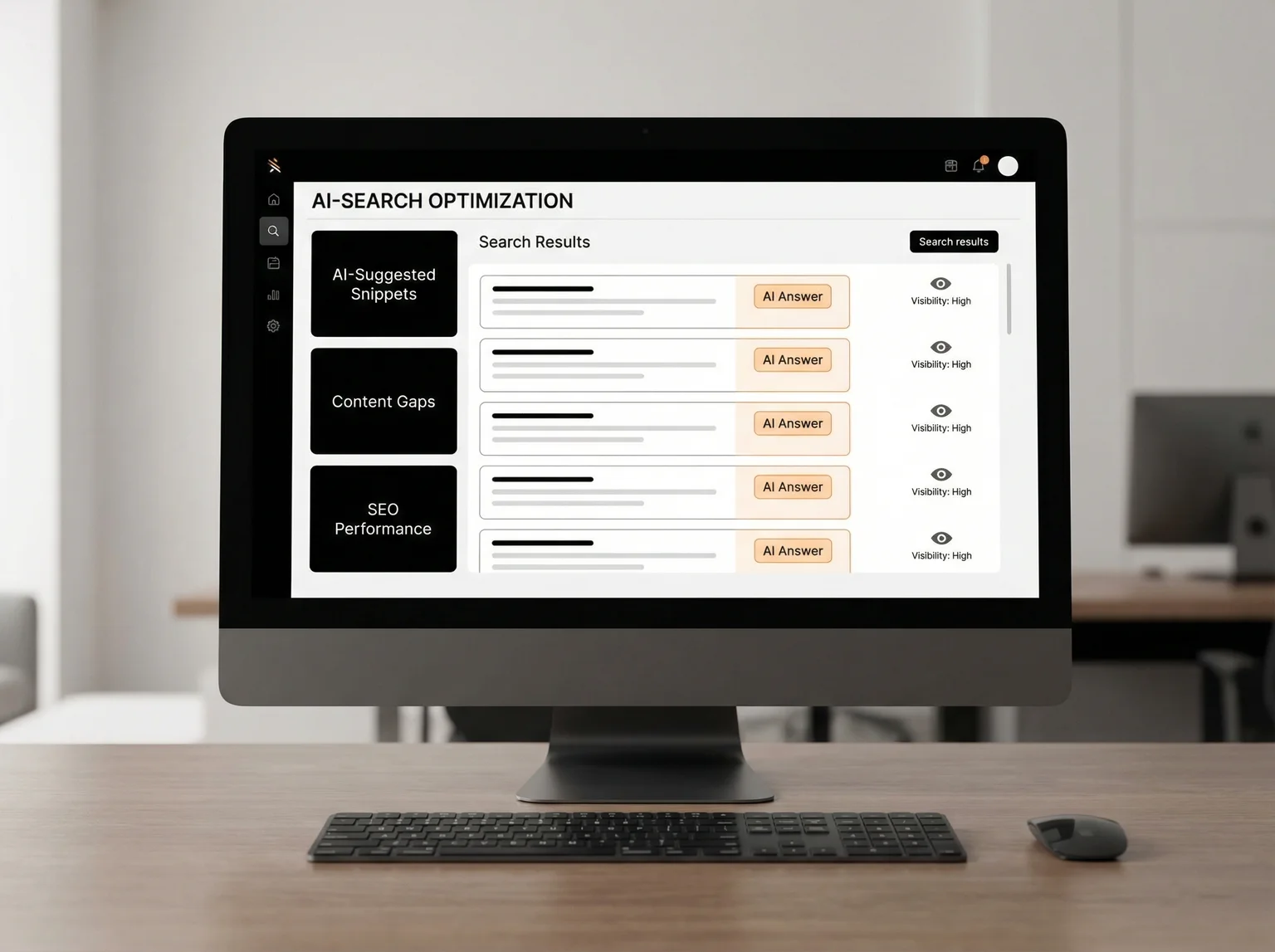 AI search visibility dashboard showing structured content and search result optimisation on desktop screen