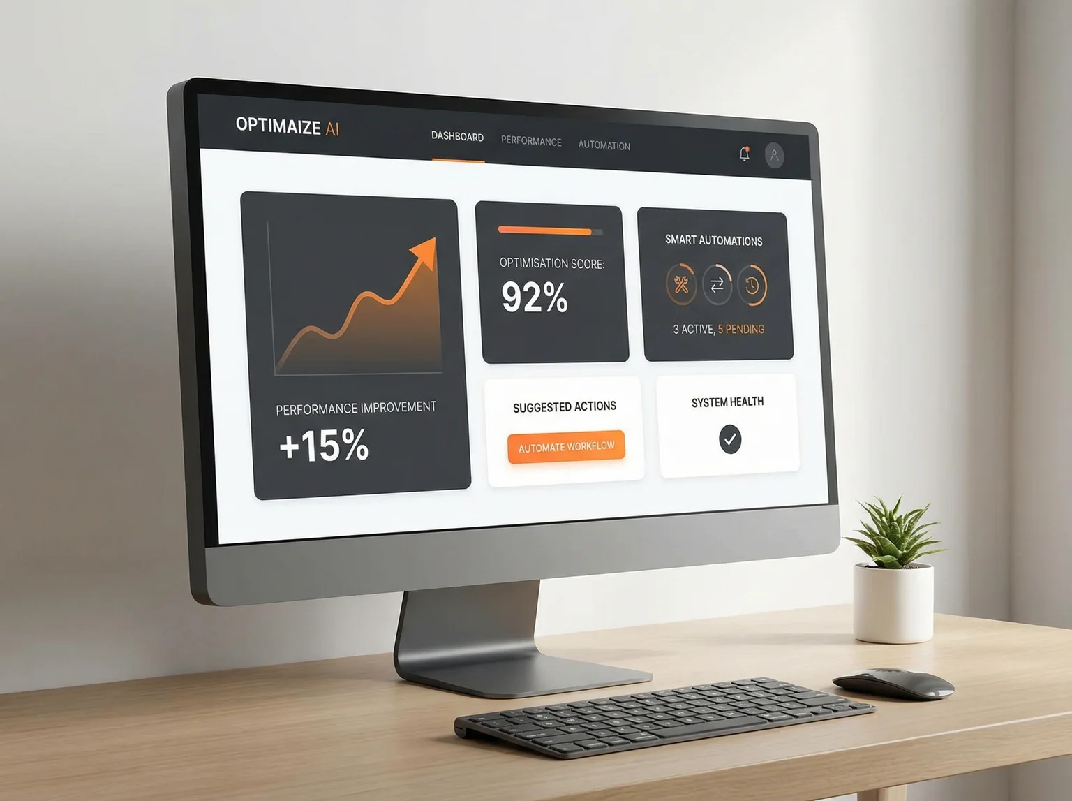 AI optimisation dashboard showing website performance improvements and automation