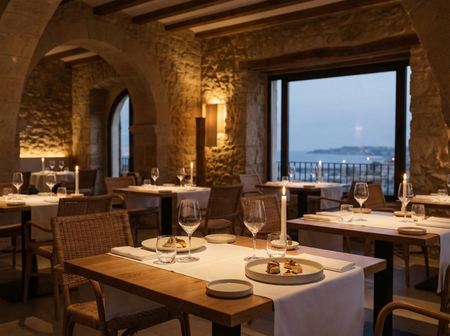 Michelin style restaurant interior in Alicante with sea view and candlelit dining atmosphere for hospitality website design