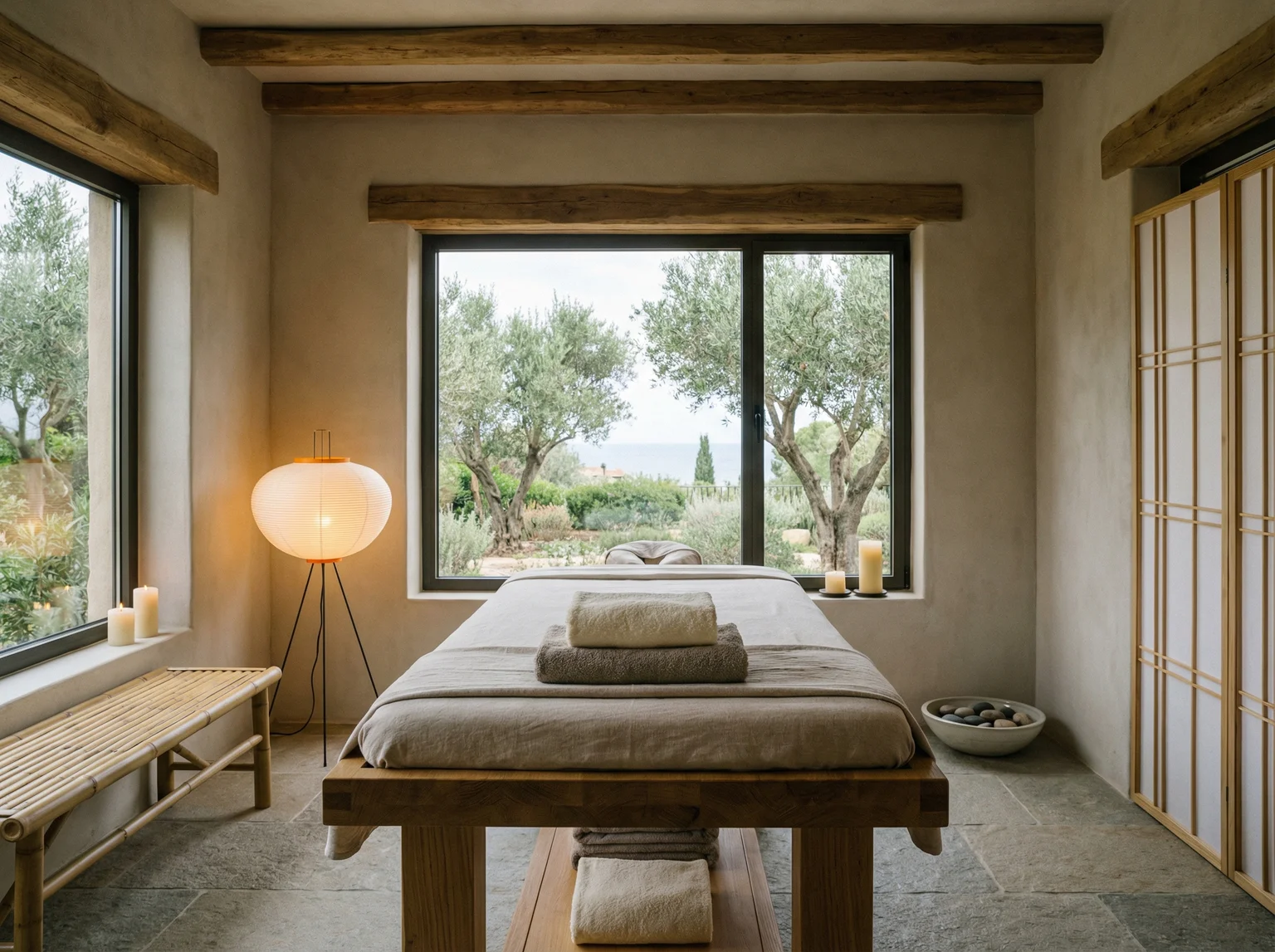 Minimalist Ayurvedic spa treatment room at a wellness retreat