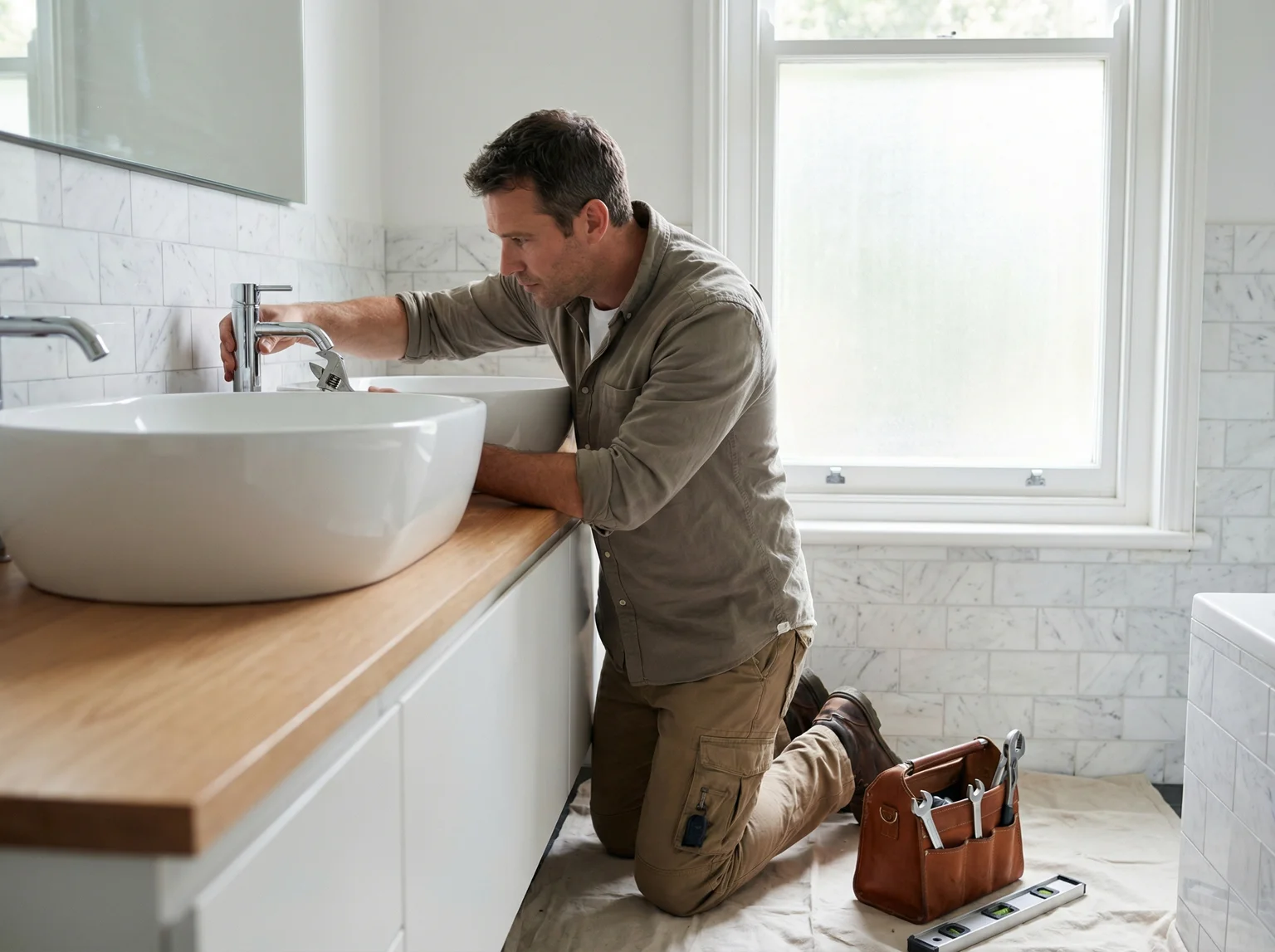 Plumber installing modern bathroom fixtures in a residential home