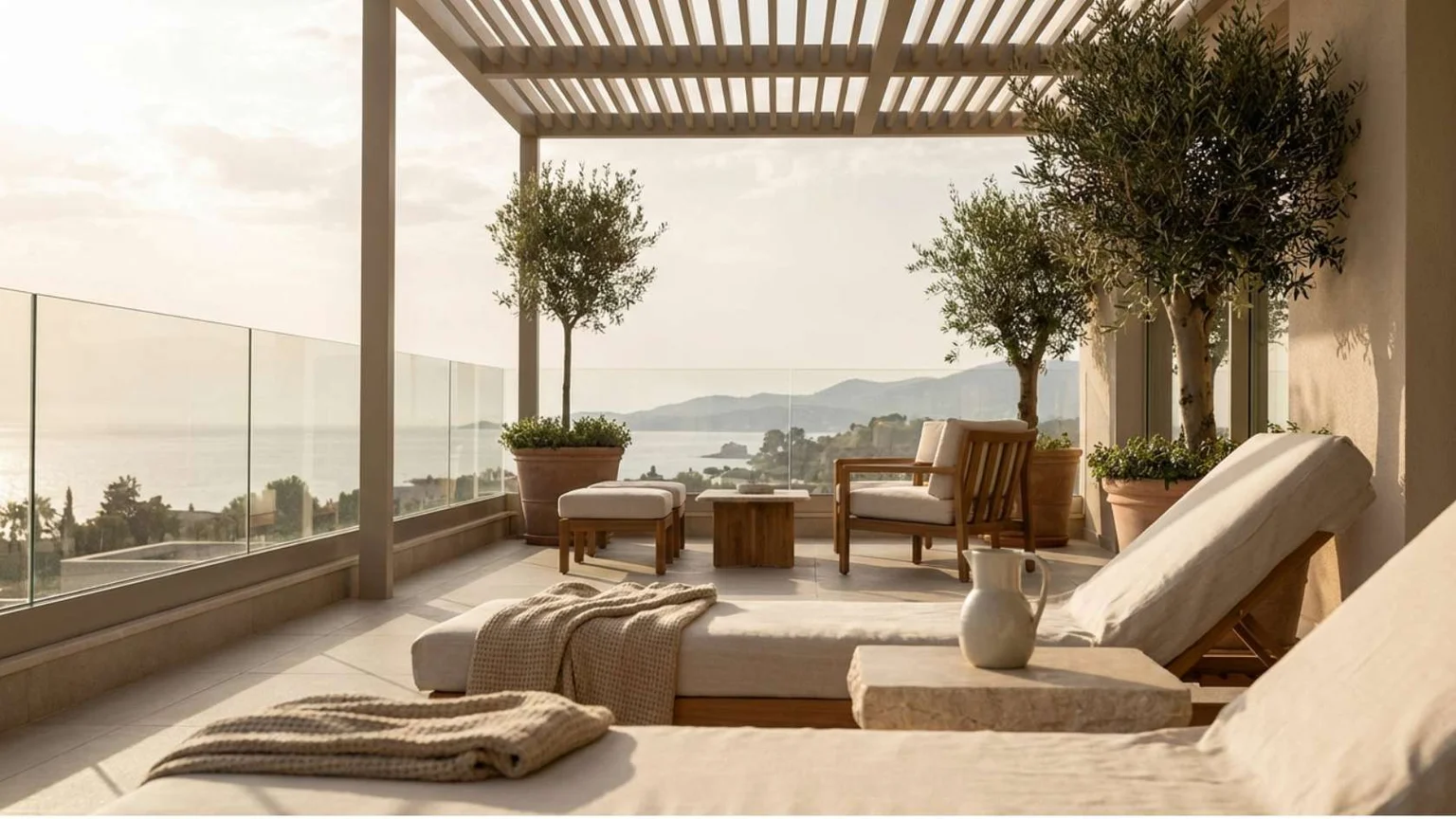 Luxury boutique hotel terrace overlooking Mediterranean used for hospitality website design concept