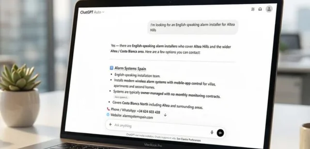 Laptop showing AI assistant recommendation for alarm installer in Altea Hills