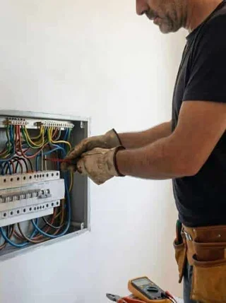Electrician installing a consumer unit inside a modern Spanish home