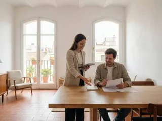 Expat concierge assisting client in a modern apartment in Spain