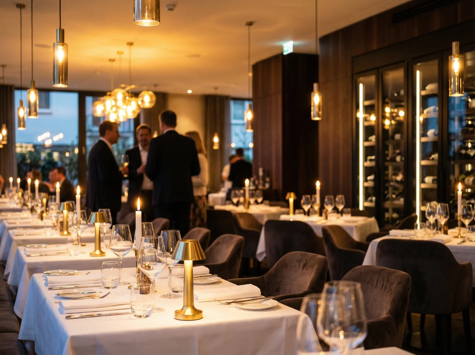 Elegant fine dining restaurant interior with ambient lighting and guests dining