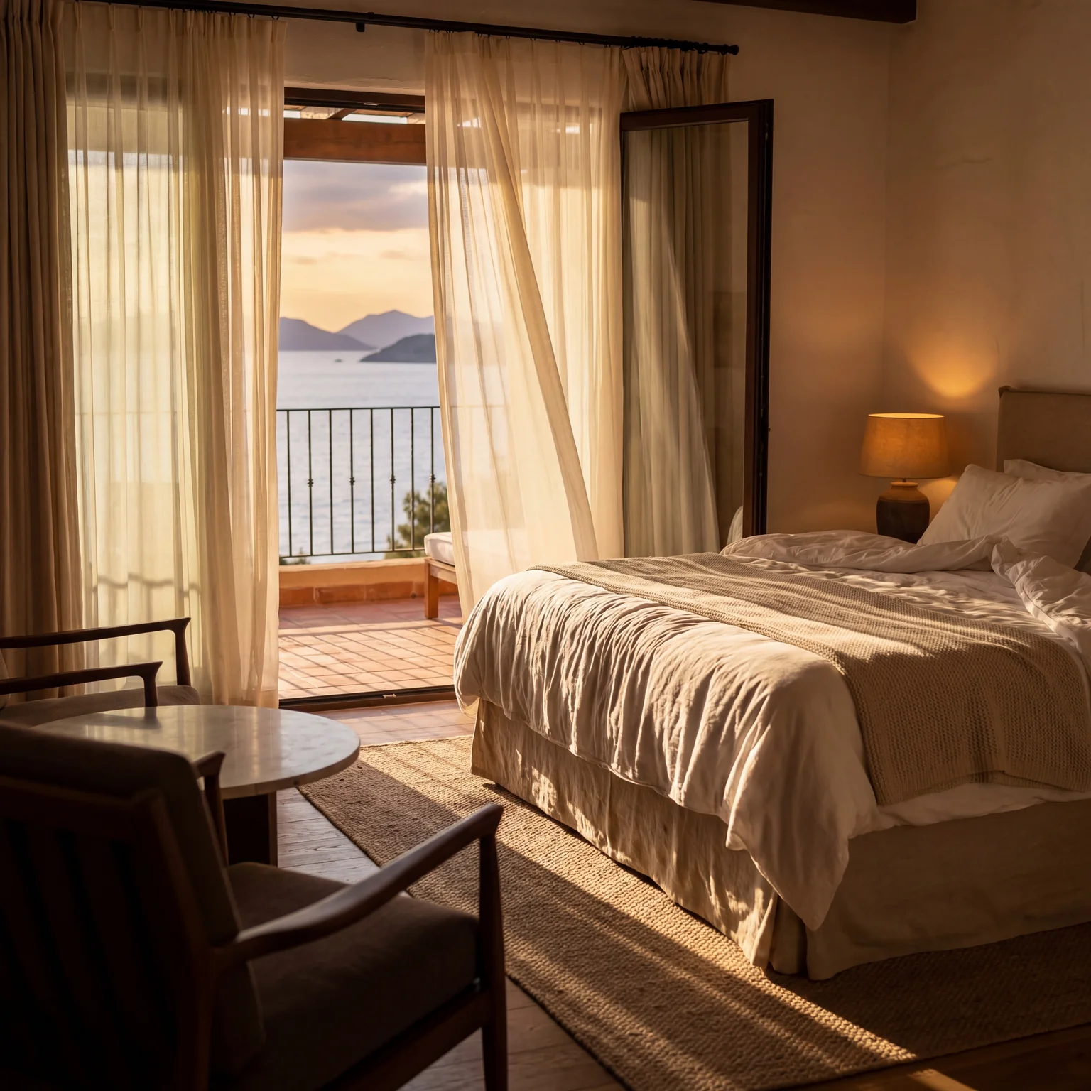 Luxury hotel suite with sea view at sunset showcasing high-end hospitality website design