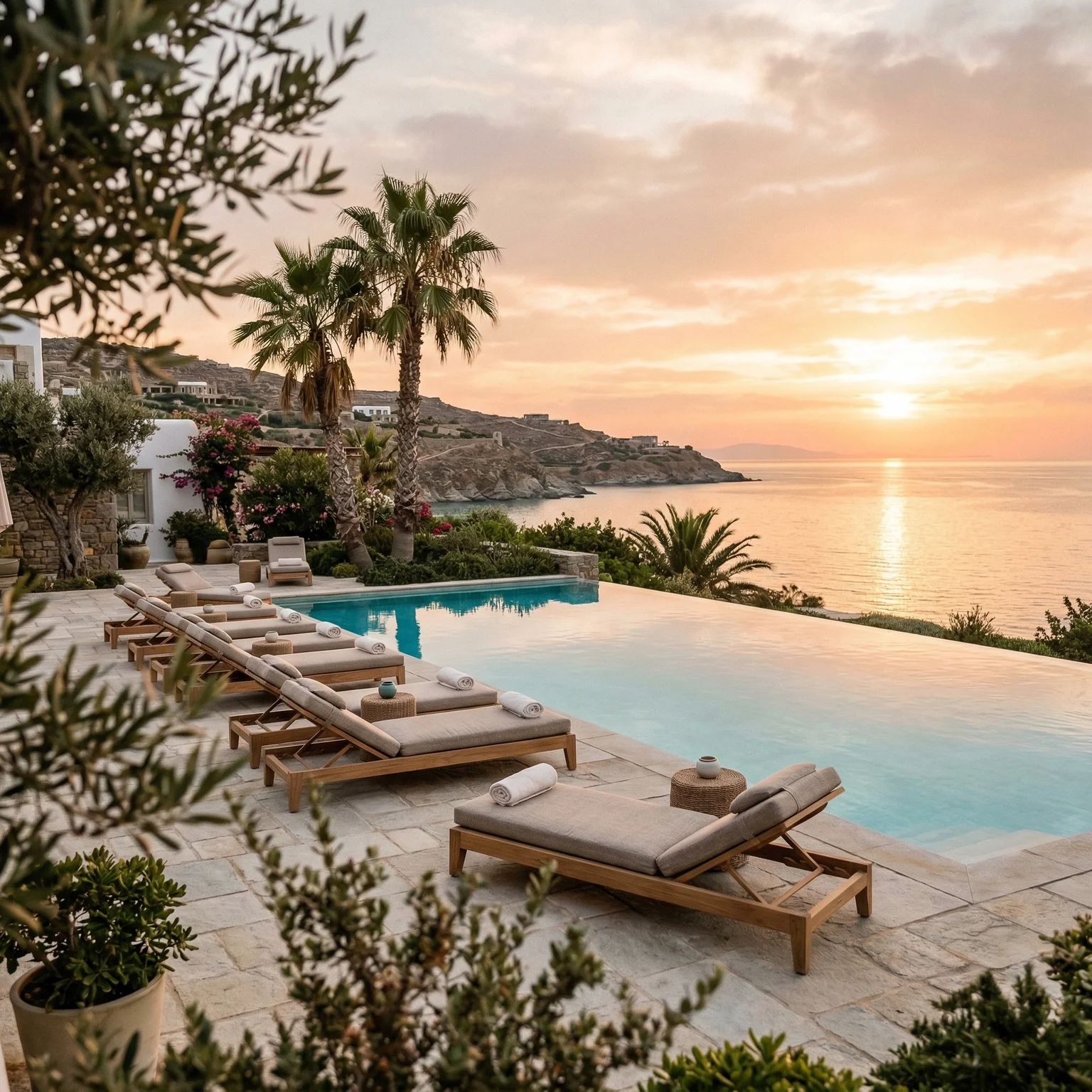 Luxury resort pool with sea view at sunset showcasing high-end hospitality website design