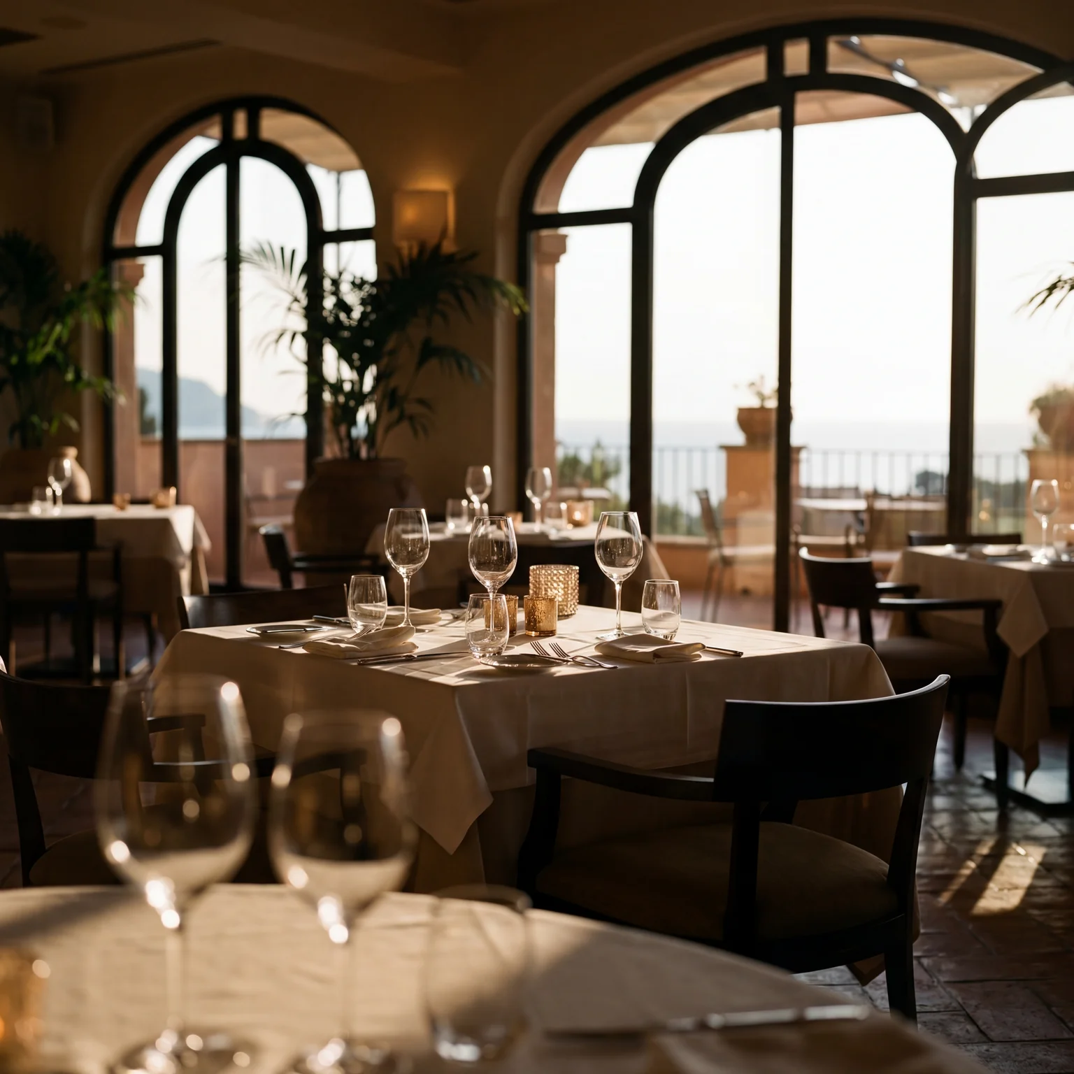 Luxury restaurant dining space at sunset showcasing high-end hospitality website design