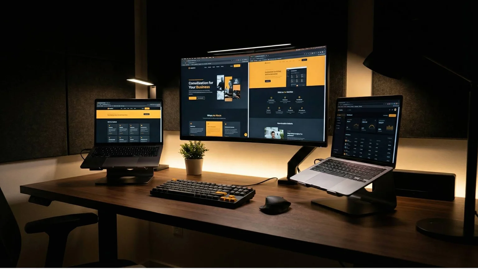 Multiple screens displaying website designs and analytics dashboards for different industries