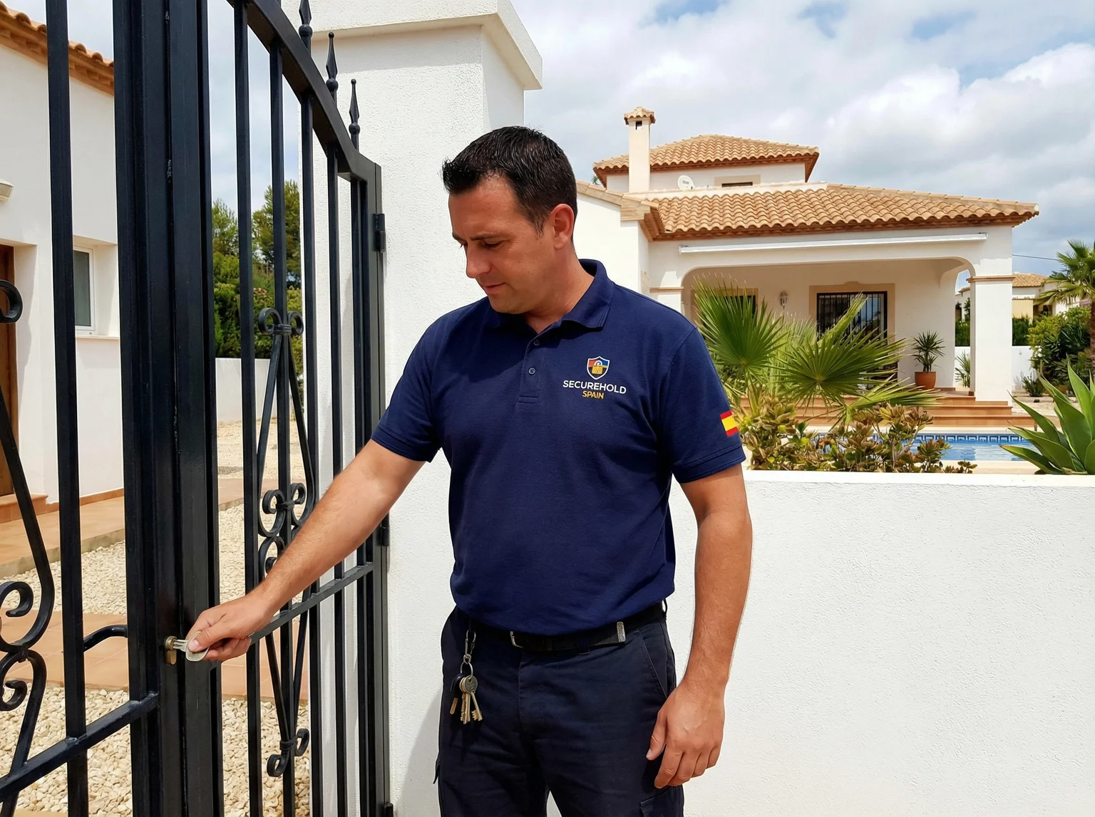 Key holding professional accessing a residential villa in Spain
