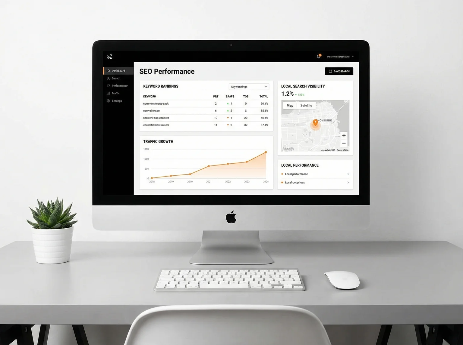 Local SEO dashboard showing keyword rankings and search visibility growth on desktop screen