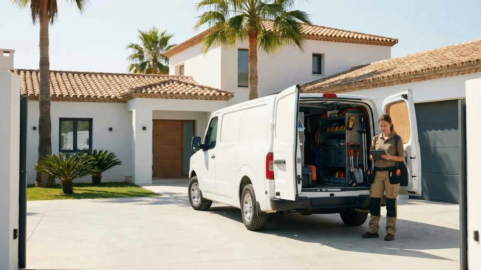 Tradesperson with work van outside a Spanish home preparing for a job