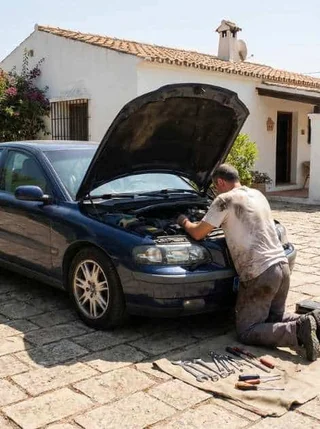 Mobile mechanic repairing a car outside a Spanish home