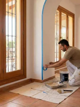 Painter preparing a wall for painting inside a Spanish home