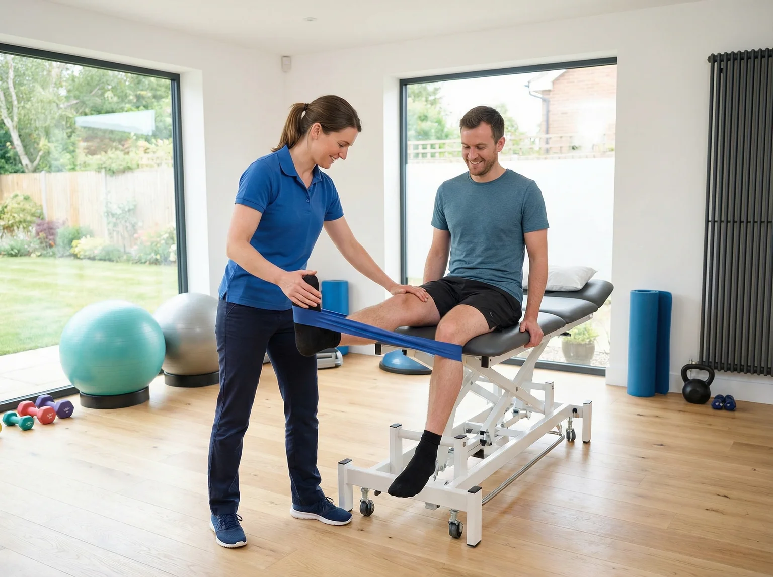 Physiotherapist assisting a patient with rehabilitation exercises in a modern clinic