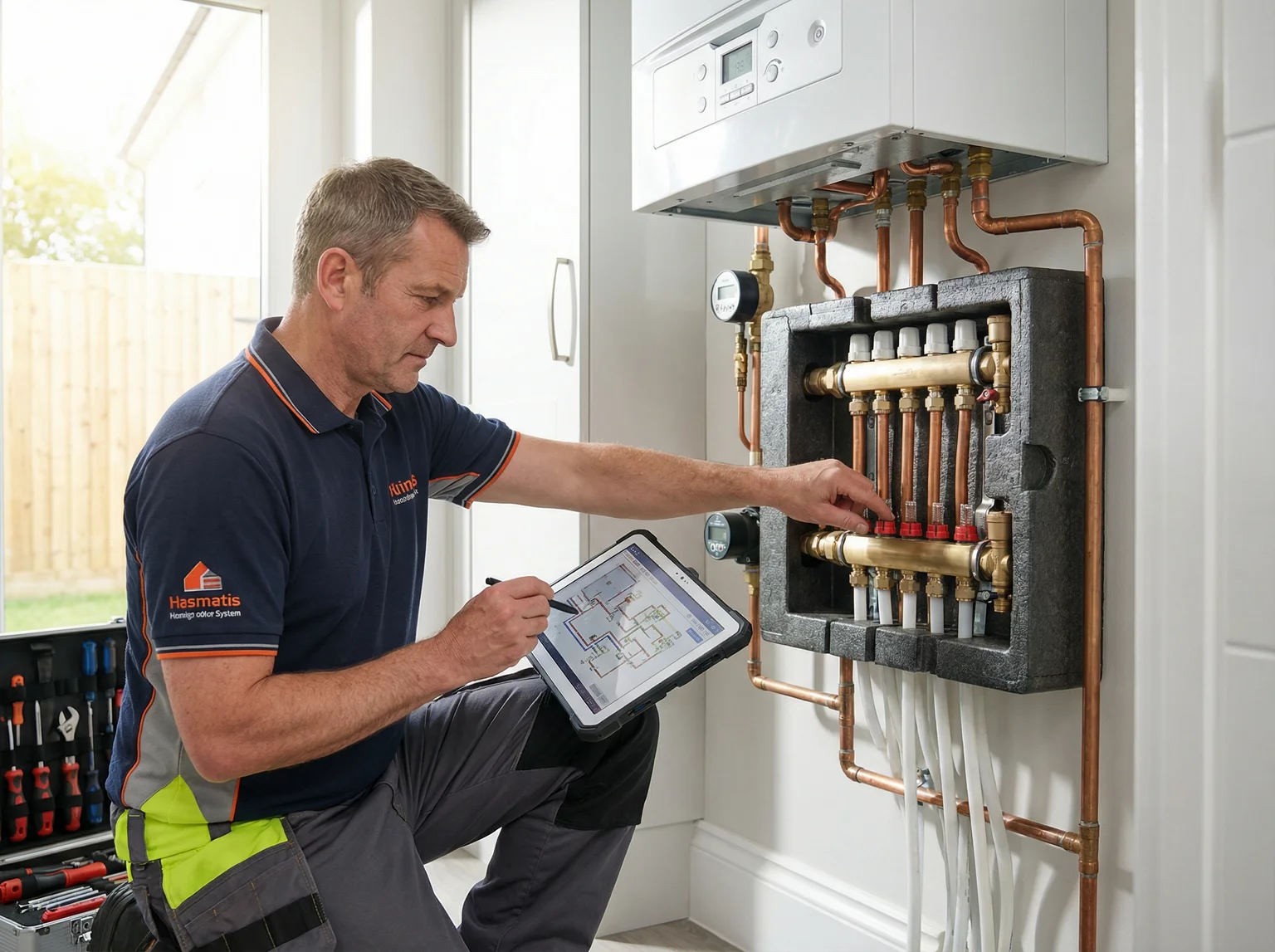 Engineer inspecting modern plumbing system for contract maintenance services