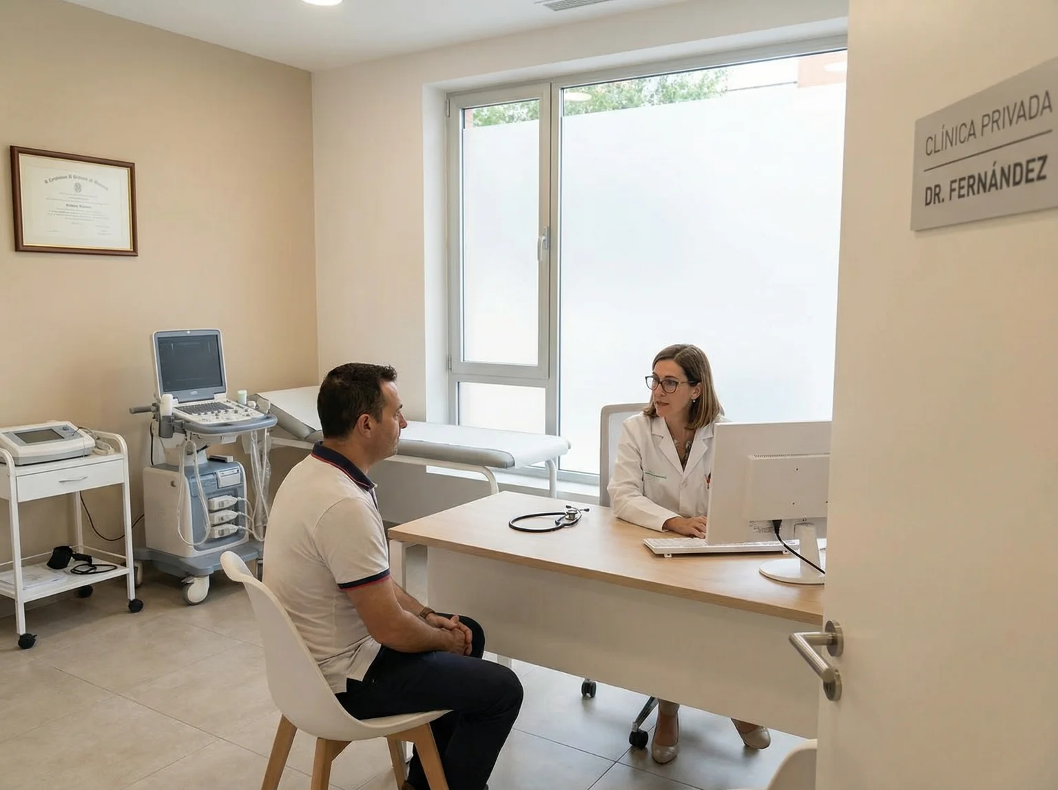 Doctor consulting with a patient in a private medical clinic setting