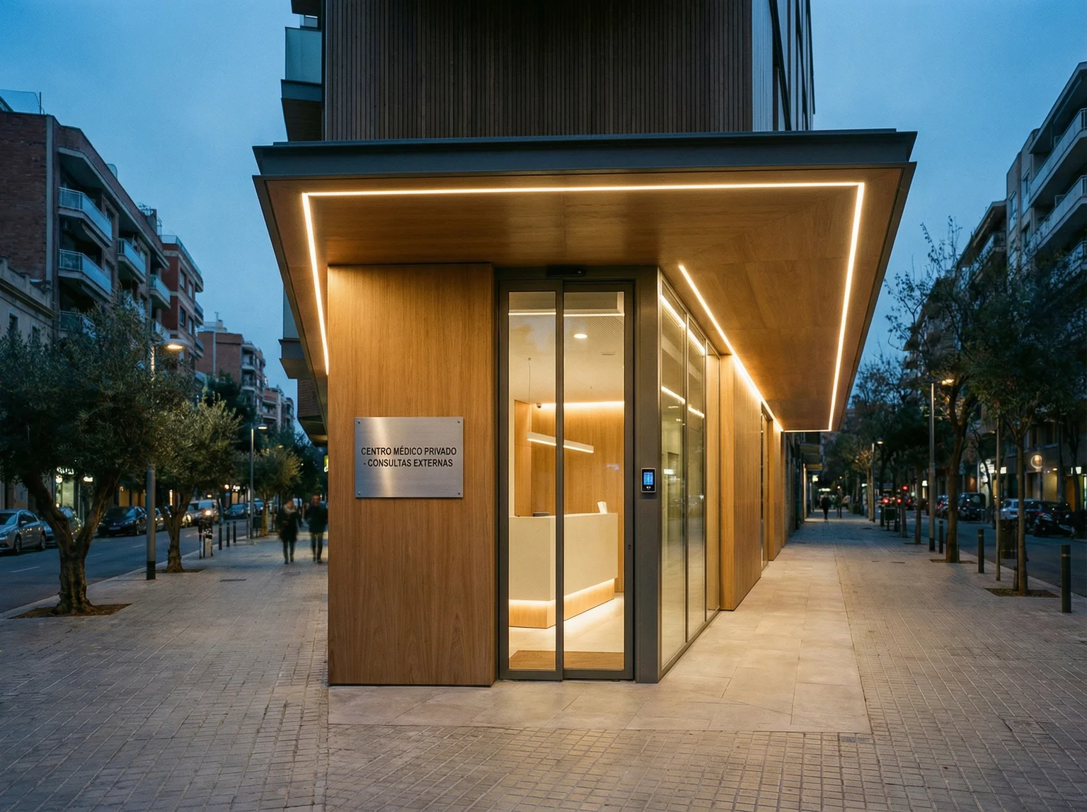 Private medical clinic entrance in Spain with secure and professional design