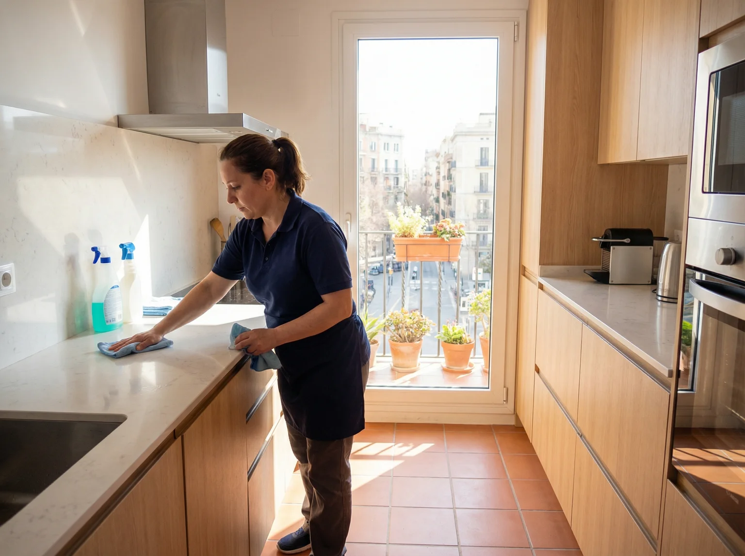 Professional cleaner working in a modern apartment in Spain