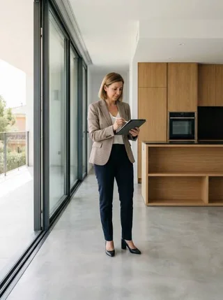 Property manager inspecting a modern Spanish property with tablet