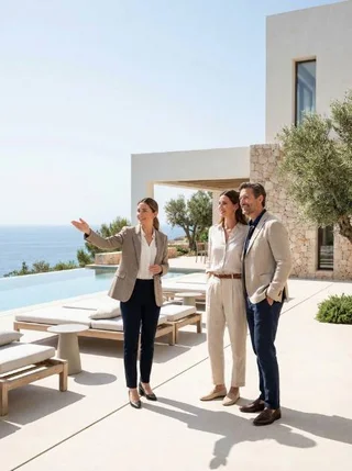 Real estate agent showing a Mediterranean villa to international buyers during a property viewing in Spain