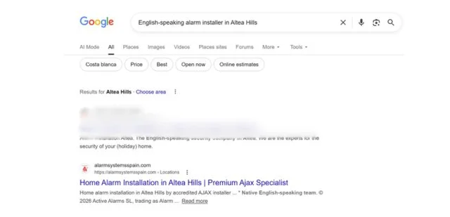 Google Search result showing client ranked at number 2 position for alarm installer in Altea Hills