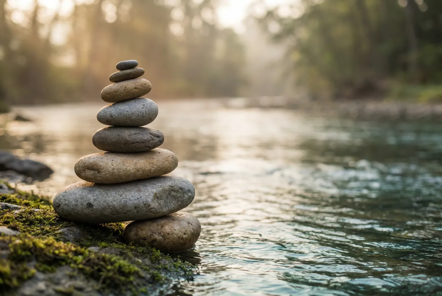Balanced stones by flowing water