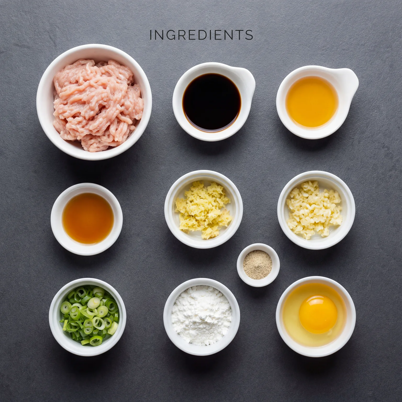 Mise en place for Asian chicken meatballs: ground chicken, soy sauce, sesame oil, fish sauce, grated ginger, minced garlic, sliced scallions, cornstarch, egg, and white pepper in white bowls