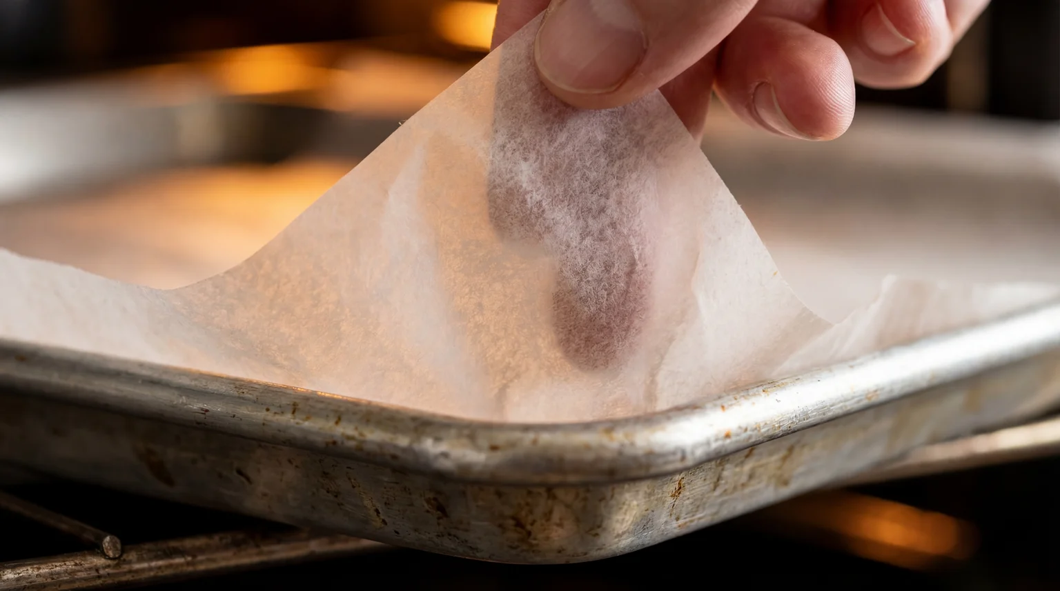 Hand pressing parchment paper into a rimmed baking sheet for oven-baked chicken meatballs