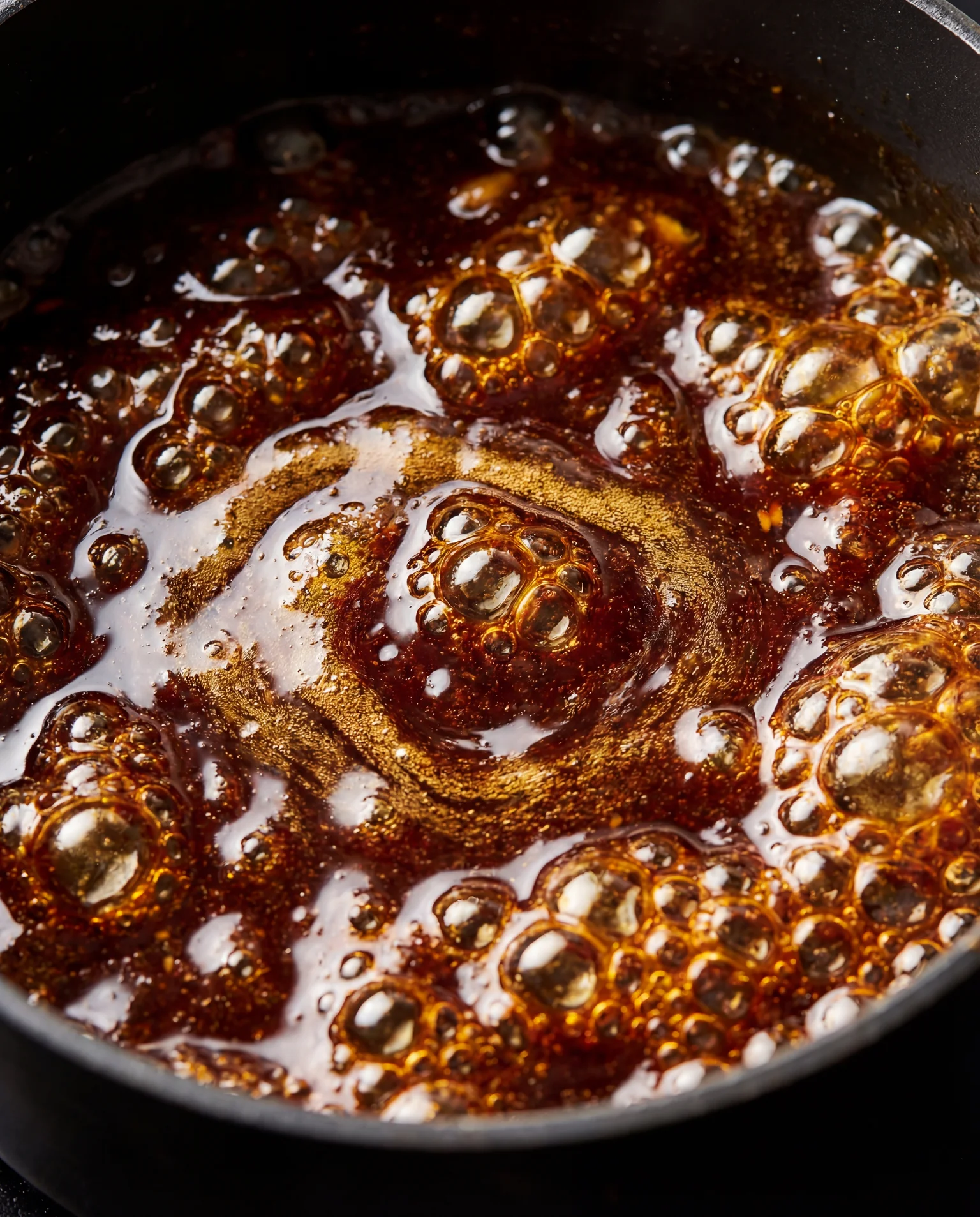 Hoisin glaze simmering in a saucepan with bubbling soy sauce, honey, and sesame oil mixture