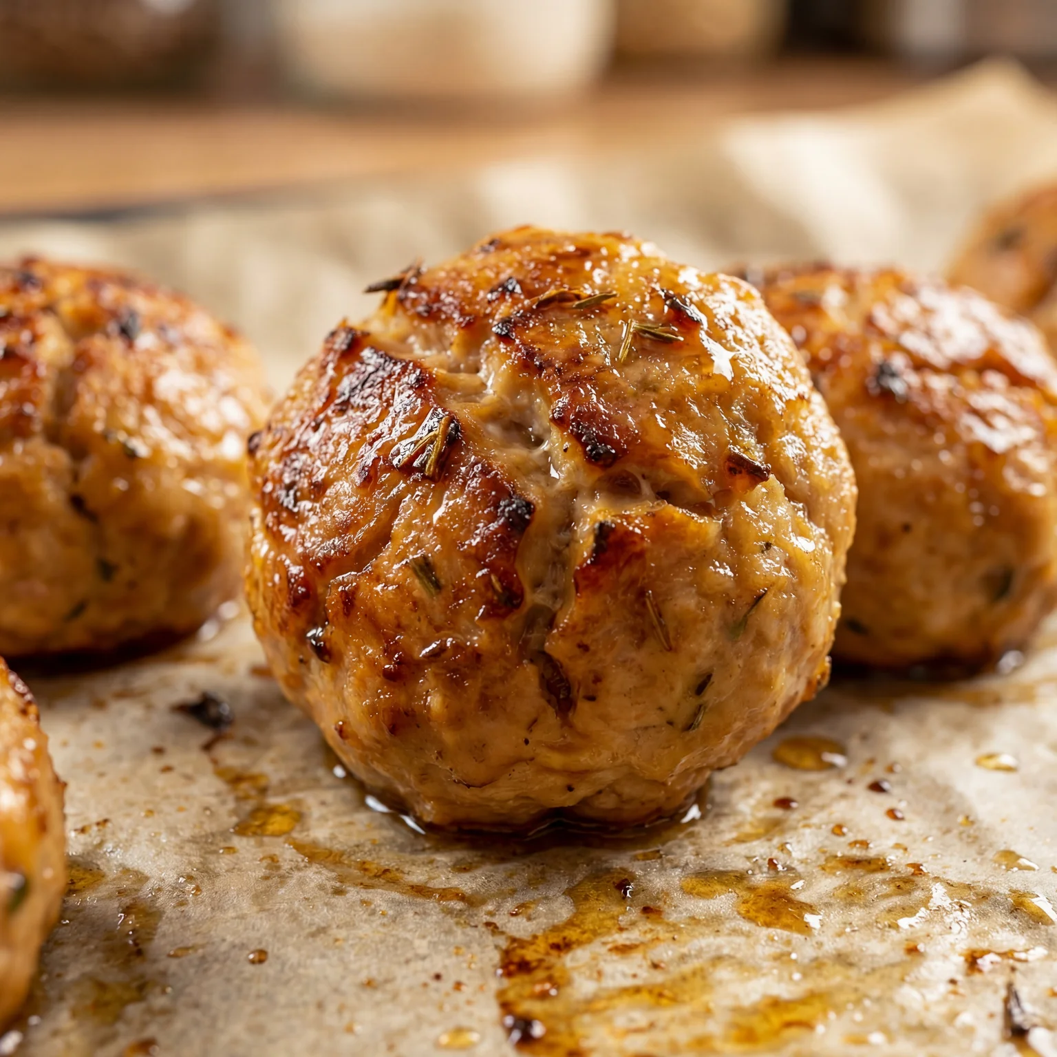 Golden brown baked chicken meatballs on parchment paper with caramelized exterior from 400°F oven