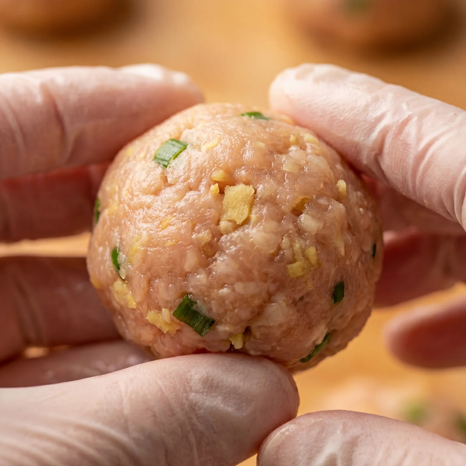 Hands rolling Asian chicken meatball mixture into a 1.5-inch ball showing visible ginger and scallion pieces
