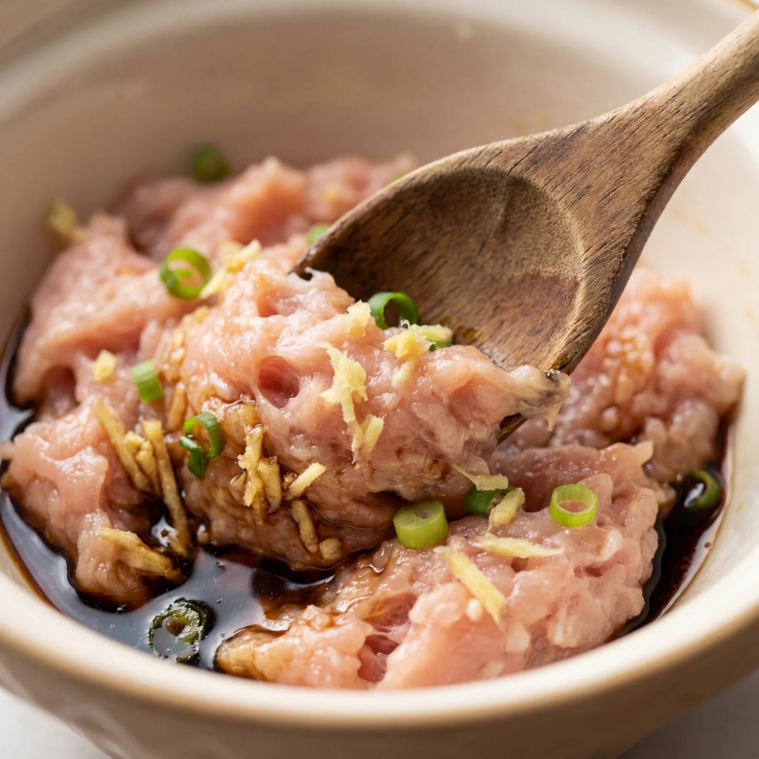 Ground chicken mixture with fresh ginger, scallions, and soy sauce being folded with a wooden spoon in a ceramic bowl